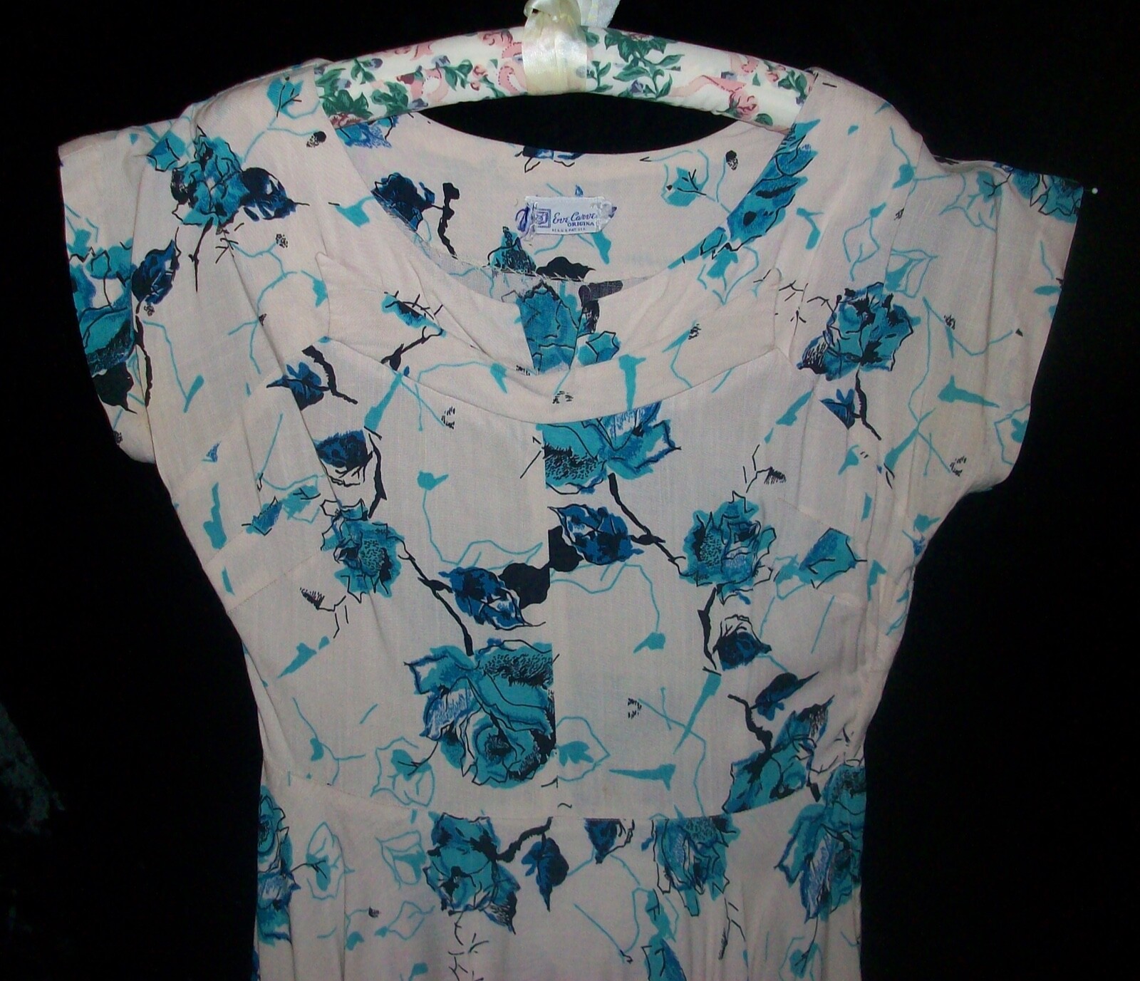 Vintage 50s EVE CARVER Fine Cotton Circle Skirt Dress Beige & Turquoise Roses