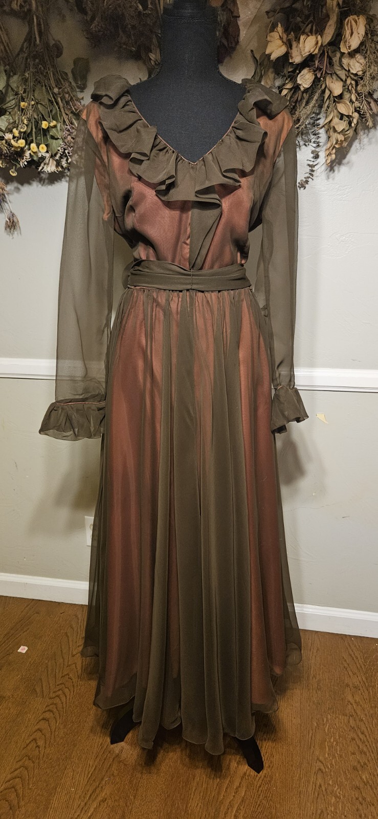 Vintage 1970s Chiffon Brown Maxi Dress With Original Belt As Pictured