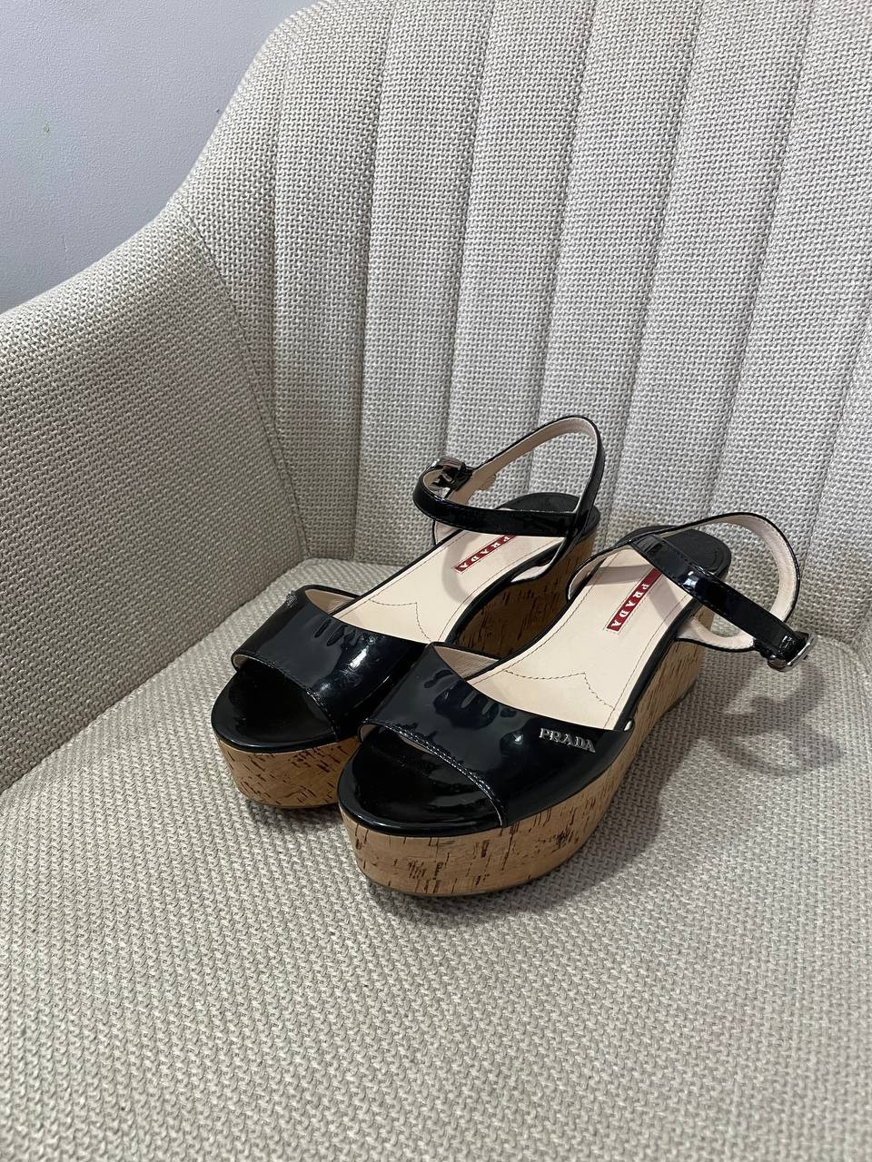 Prada Black Patent Leather and Cork Wedge Sandals Size IT 37 US 7