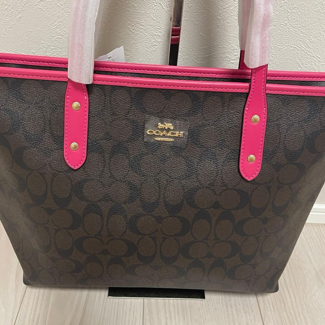 Coach Signature Tote Bag Pink Leather 29x46cm/11.4×18.1in Used