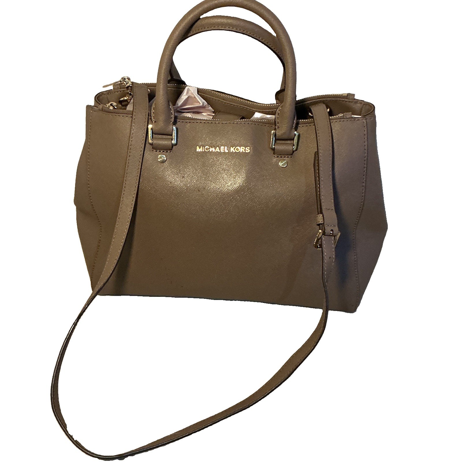 Michael Kors Savannah Large Saffiano Leather Satchel Taupe Crossbody Bag 14”