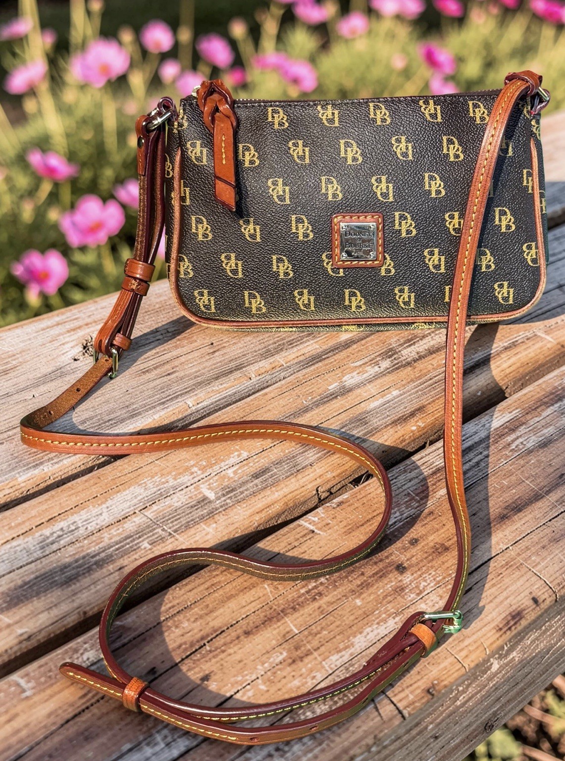 Dooney Bourke Gretta Lexi Small Crossbody Bag Dark Brown T’Moro DB Logo Monogram