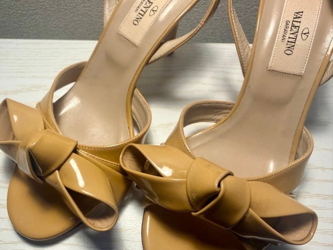VALENTINO GARAVANI Patent Leather Bow High Heels Slingback Camel Brown 35.5/23cm