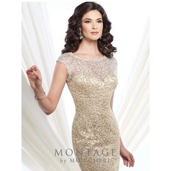 Montage By Mon Cheri Sequin Lace Maxi Evening Gown Dress Golf Sheath Cap Sleeve