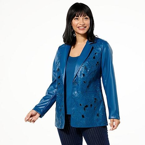 Colleen Lopez Collection Faux Leather Floral Cutout Jacket Lake Blue M New