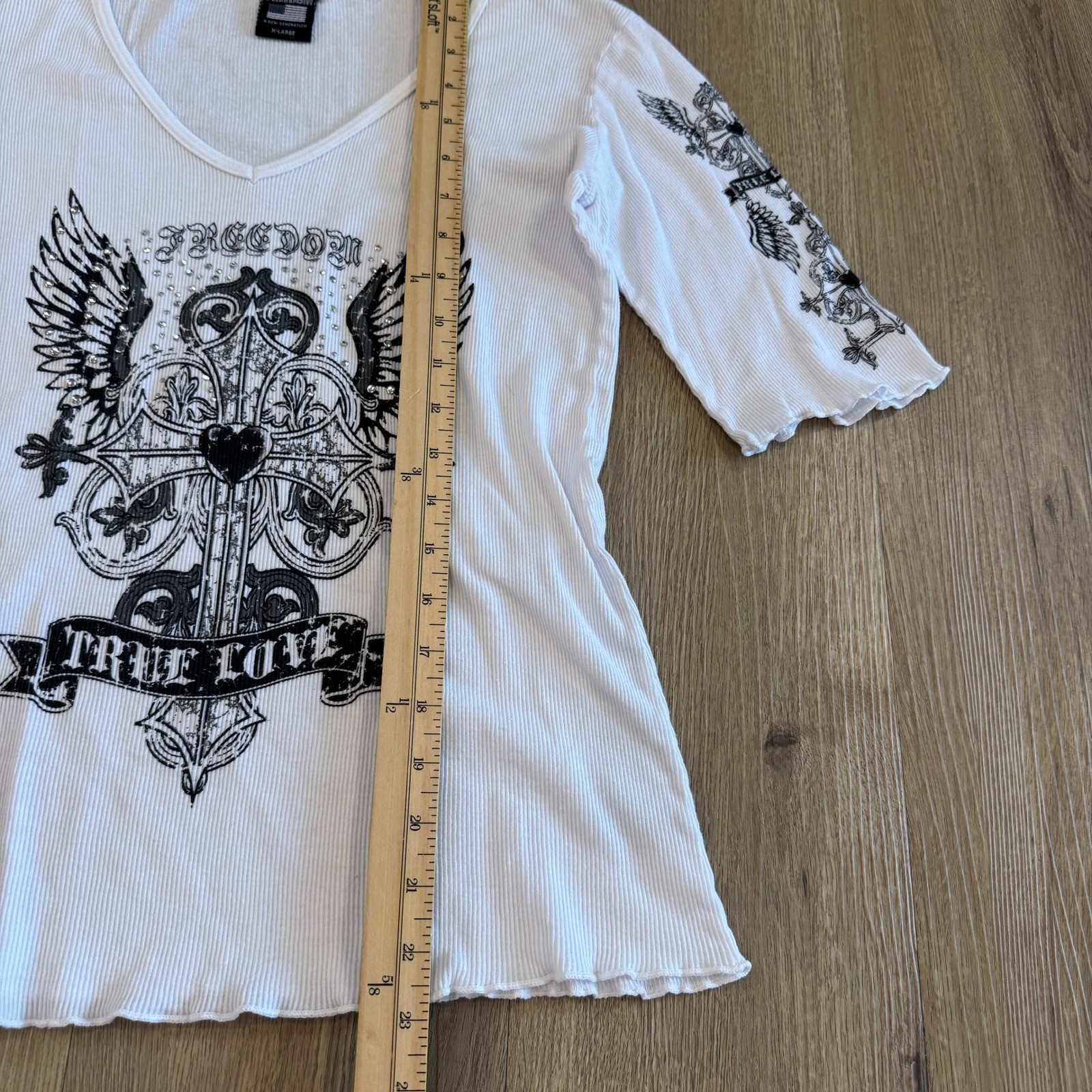 Freedom USA Womens XL White Ribbed Rhinestone Winged Cross Graphic Top Y2K Goth