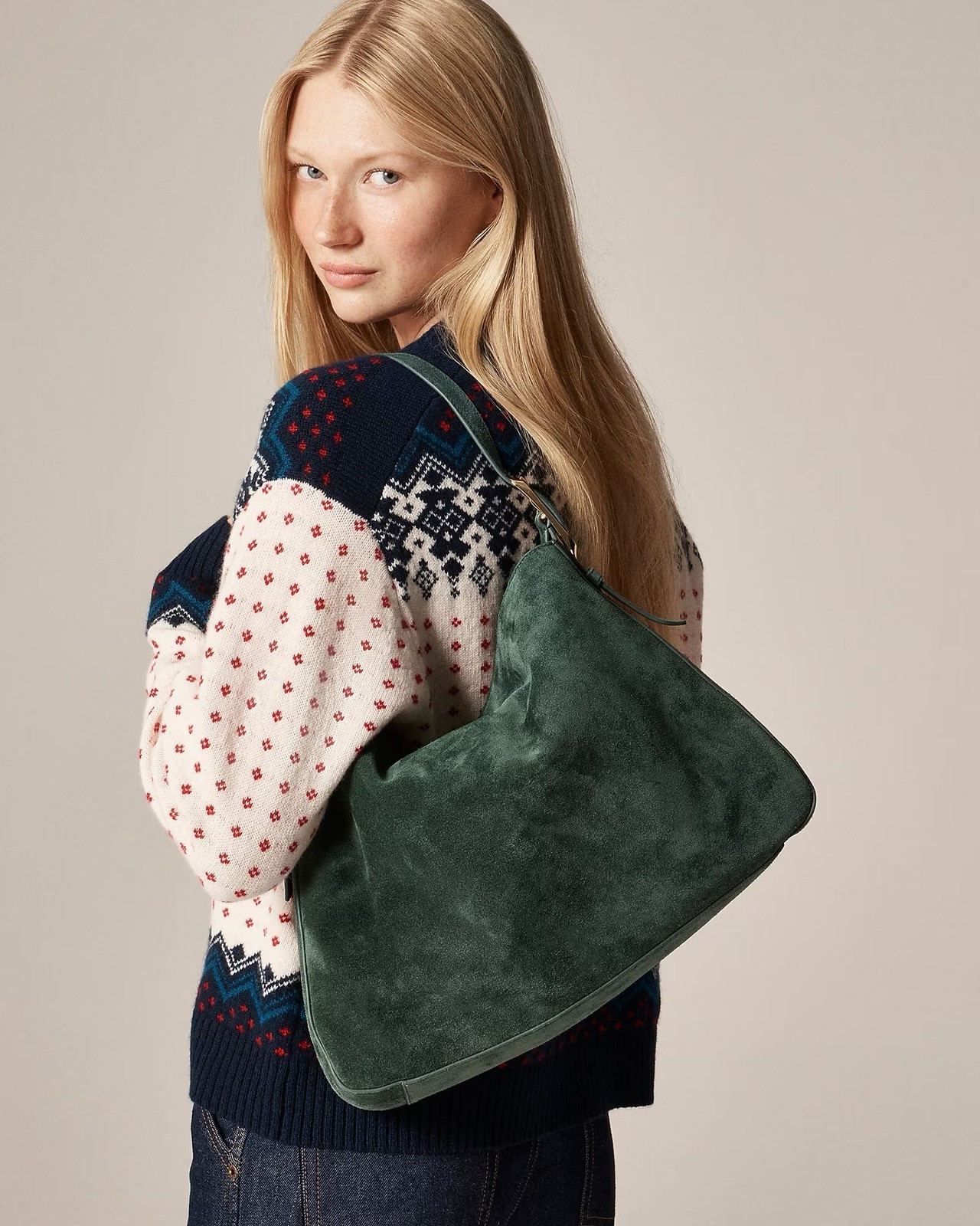 J.Crew Large Berkeley Luxe Suede Shoulder Bag Purse Midnight Foliage Green NWT