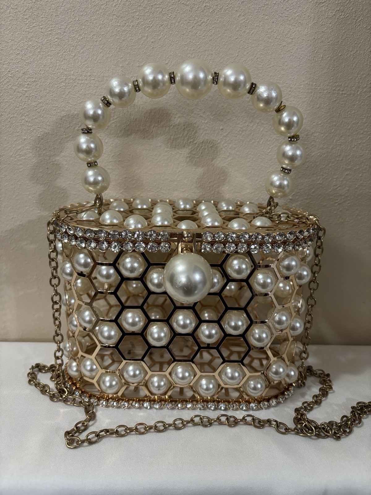 Gold Pearl & Rhinestone Metal Cage Top Handle Evening Bag Chain Strap Clasp