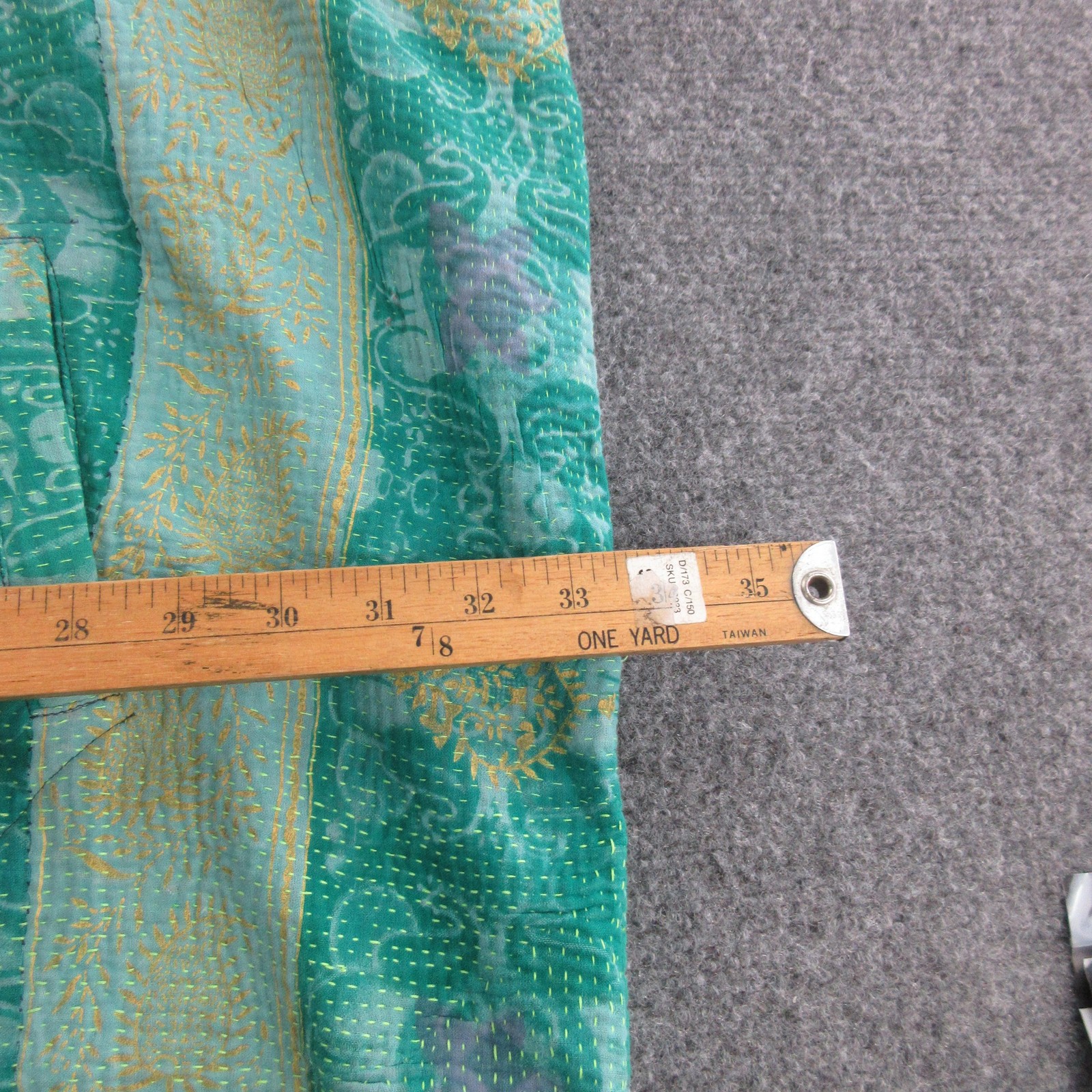 Sapana Coat Womens One Size Green Quilted Kantha Blanket Floral Boho Open Front
