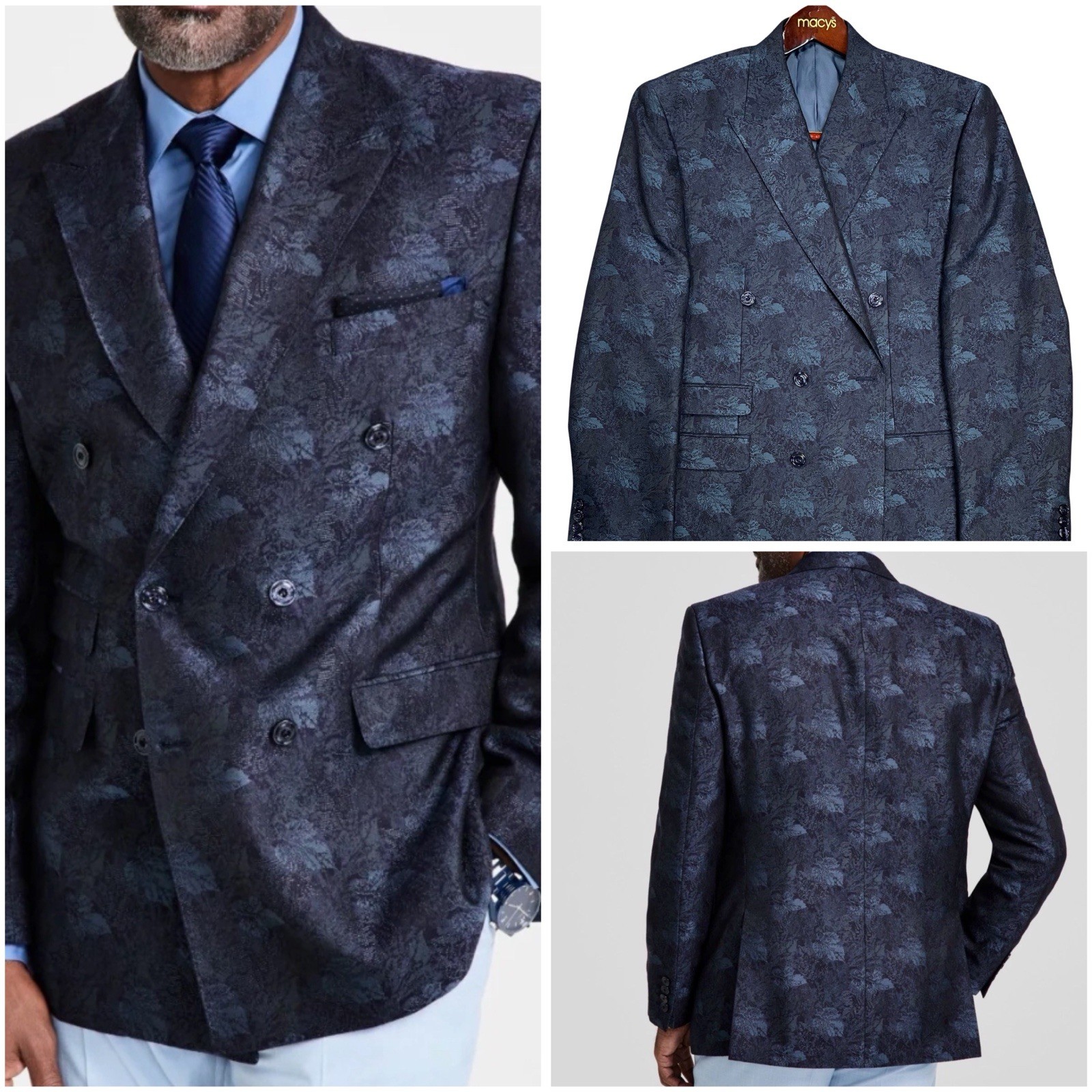 Tayion Double Breasted Blue Black Classic Fit Jacquard Dinner Jacket 46R New NWT