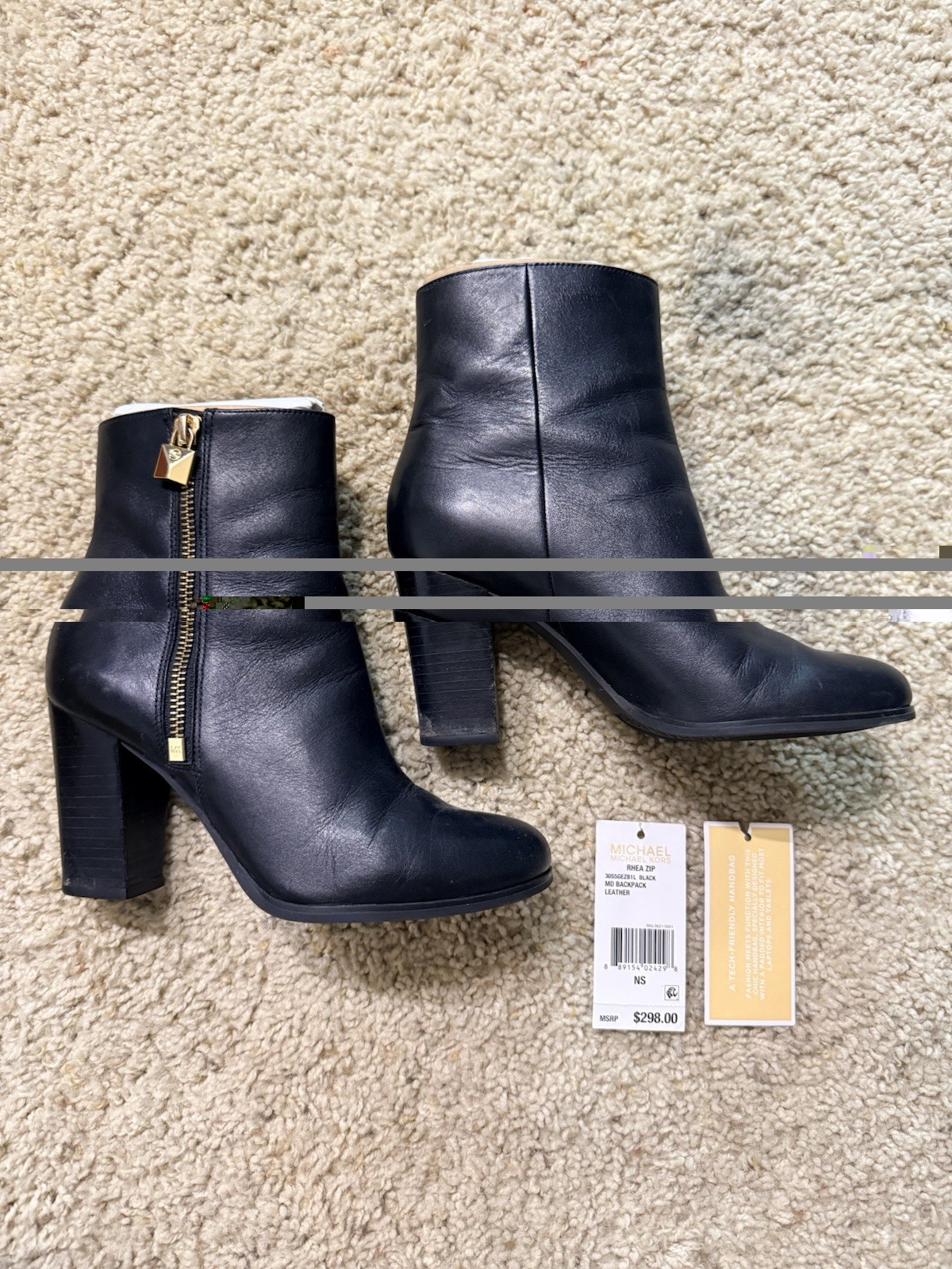 NIB Michael Kors Black Leather Ankle Boots Booties Size 6M Gold Zipper Padlock