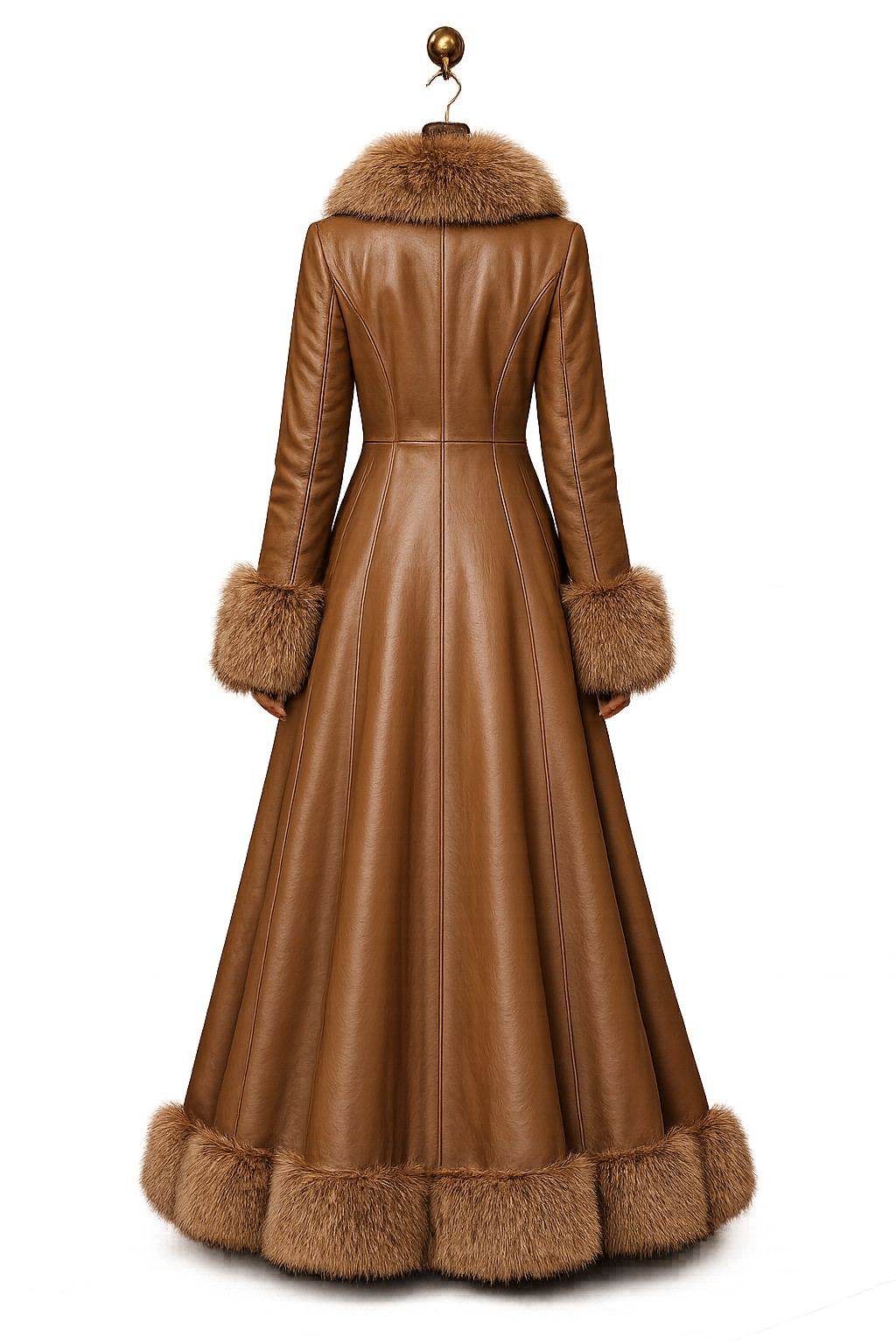 Womens Brown Leather Long Coat – Faux Fur Winter – Collar Trim Designer Overcoat