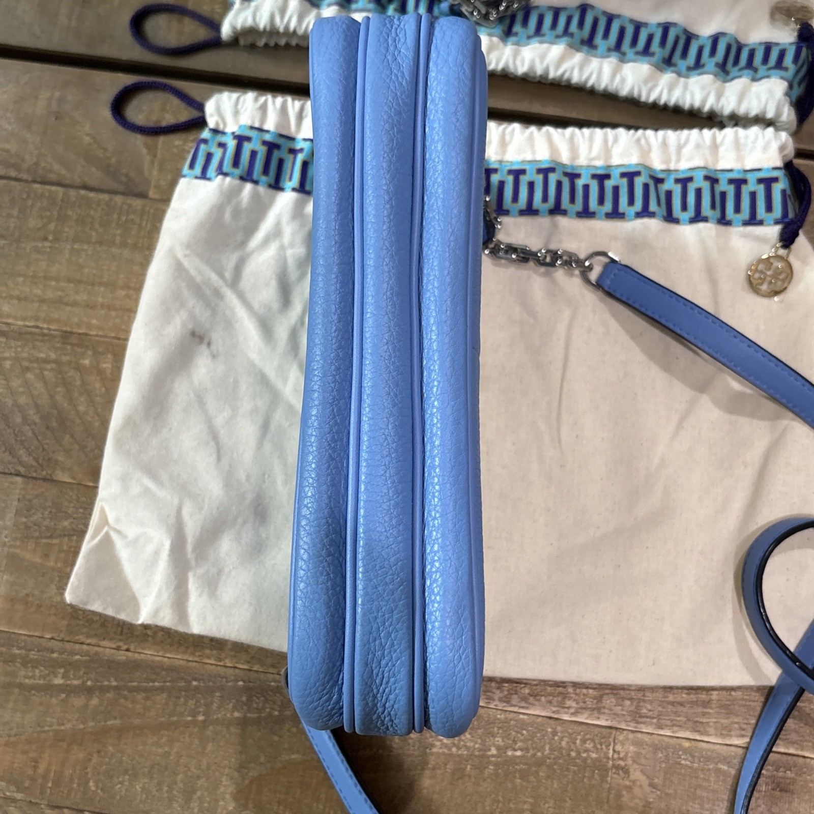 Tory Burch Light Blue Pebbled Leather Crossbody Tassel Logo