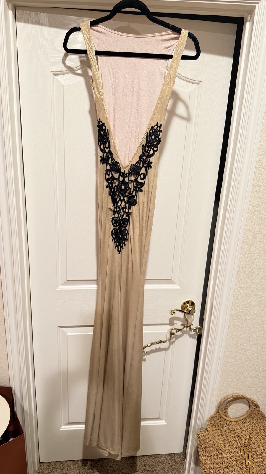 BBY Butterfly Collection Gold Metallic Maxi Gown Lace Plunge Dress EU 36 US 4