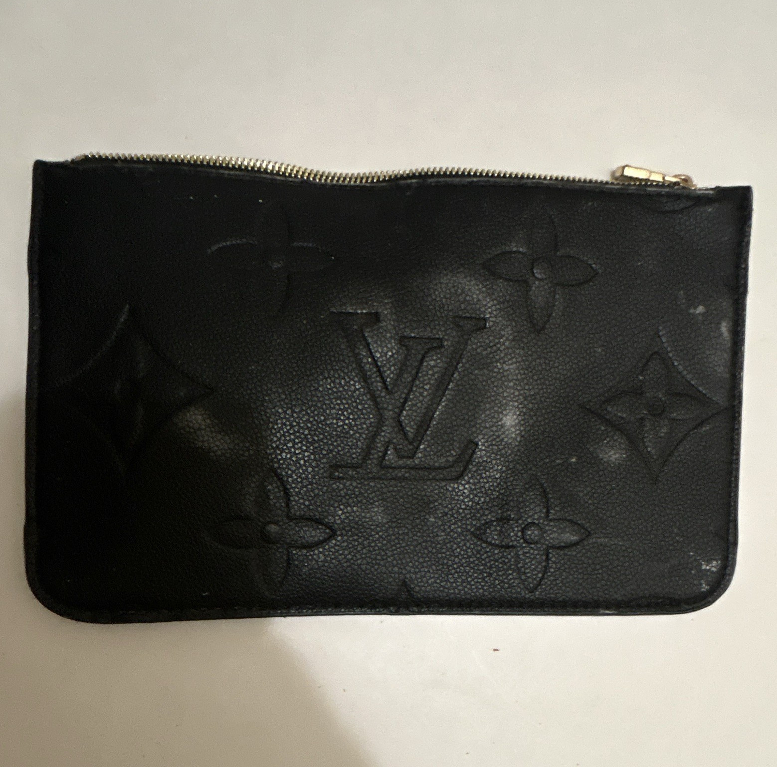 Louis Vuitton Black Monogram Embossed Zip Wristlet Pouch Gold Hardware Small