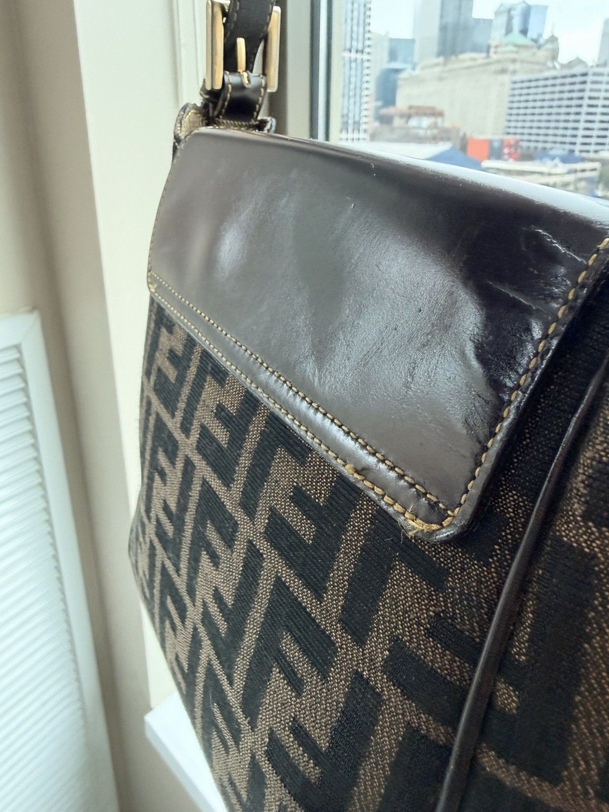 ✨ Authentic Fendi Zucca Shoulder Top Handle Crossbody Bag Canvas & Leather FF