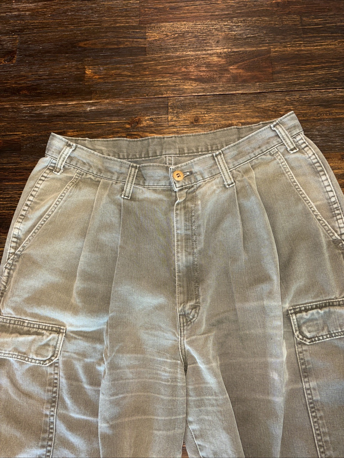 Vintage 80s Dickies Cargo Workwear Pants Double Pleated Talon Zipper Green 34×32