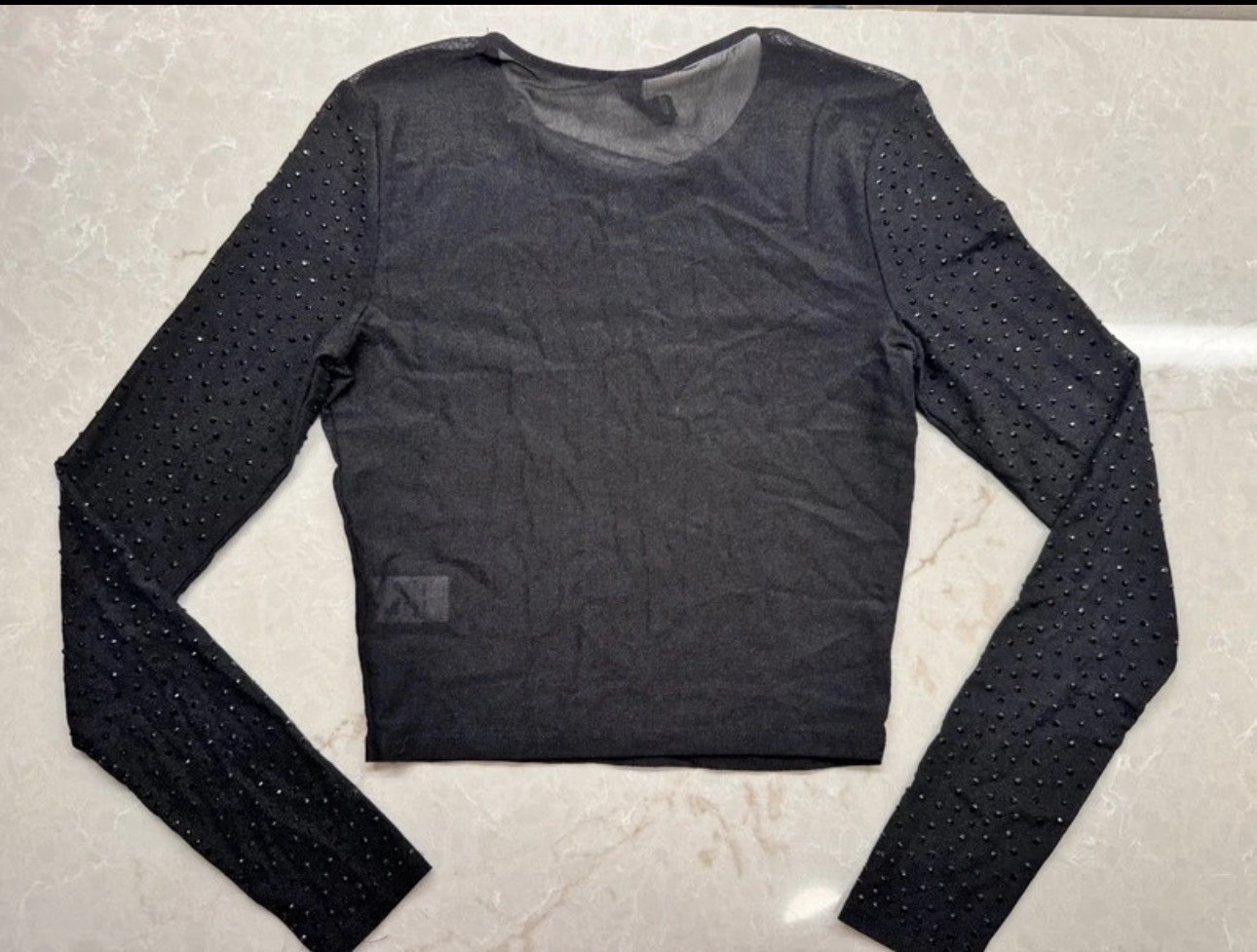 Windsor Women’s Black Rhinestone Mesh Round Neck Long Sleeve Cropped Top S
