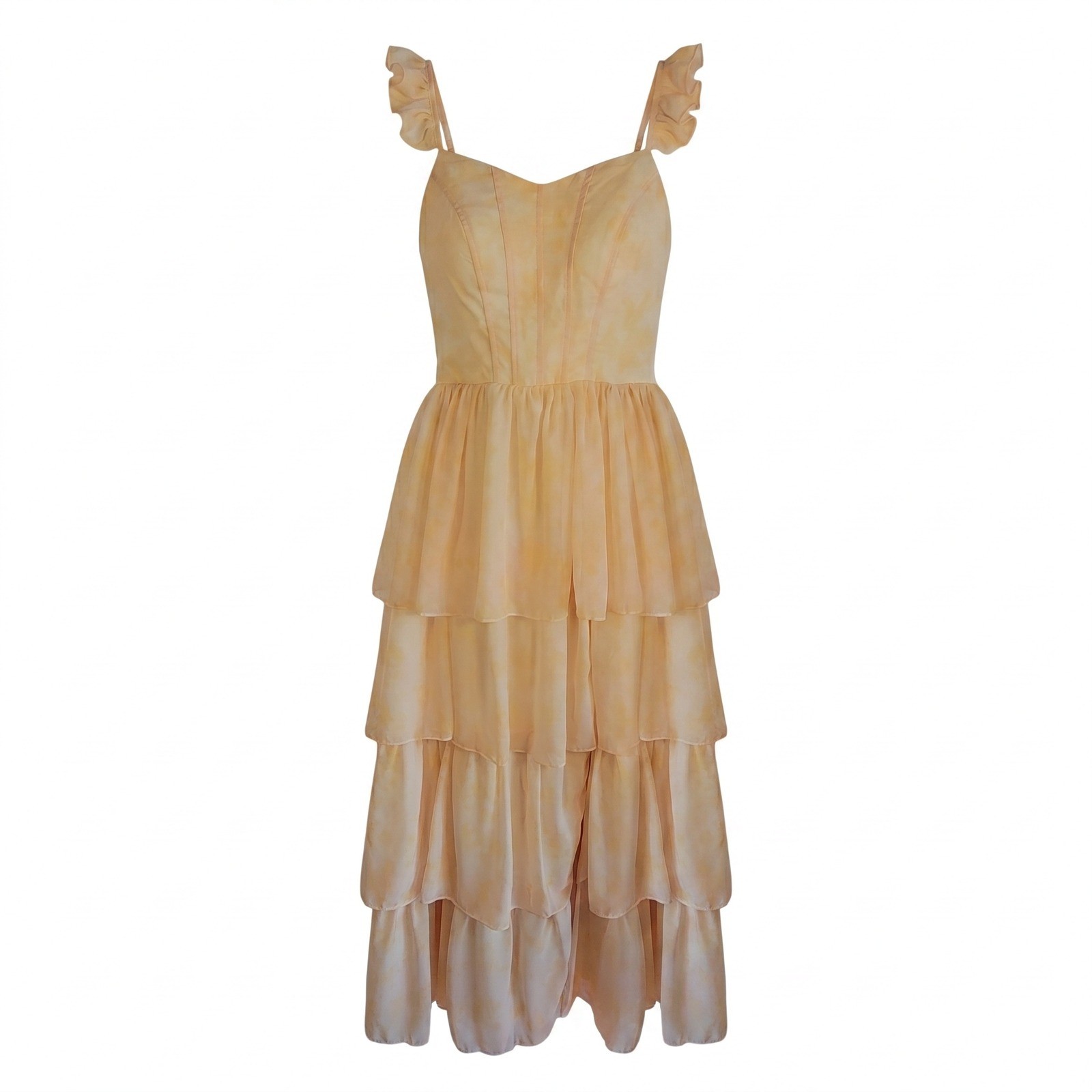 Ao Yan Butter Yellow Tiered Ruffled Maxi Formal Dress Prom Gown NWT Size S