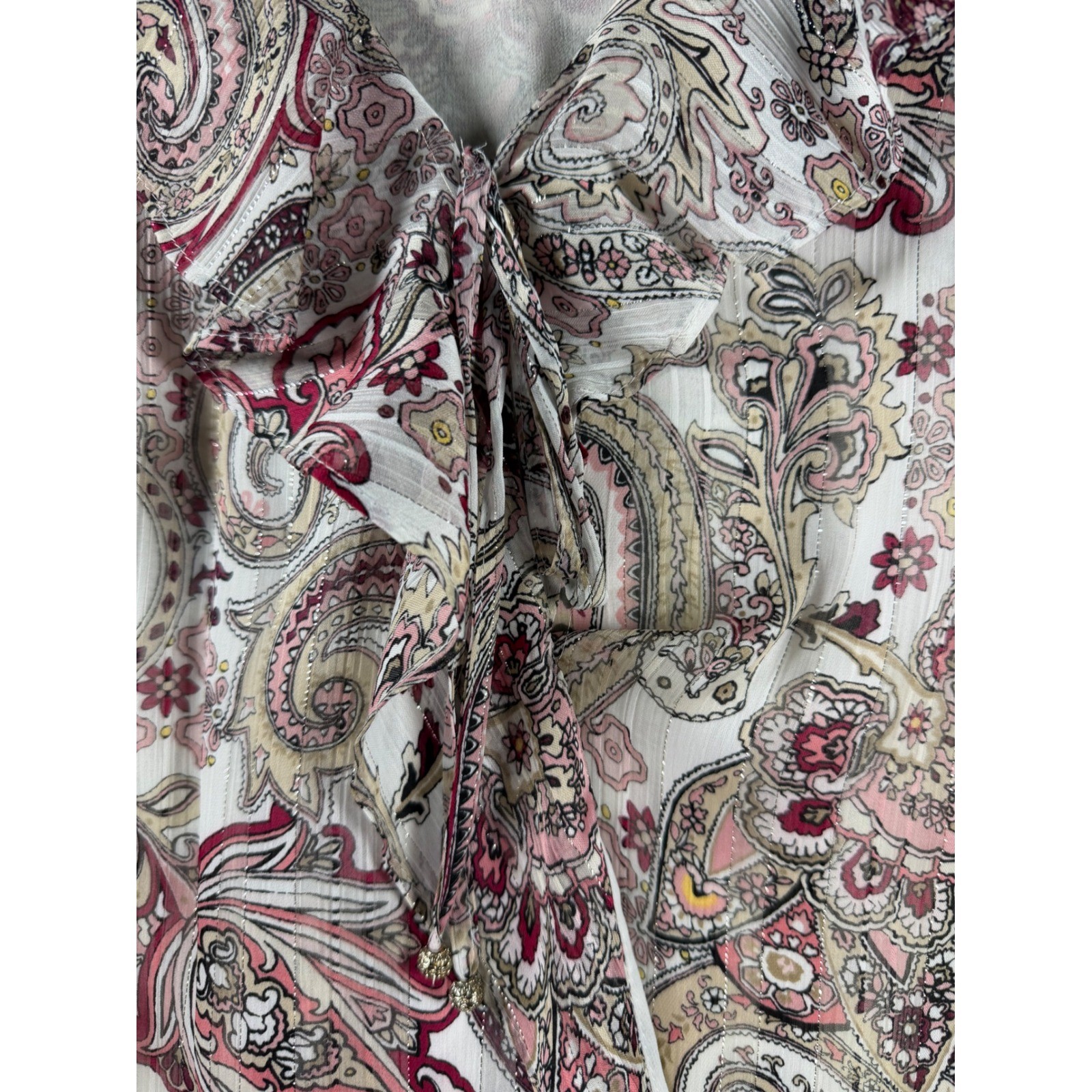 White House Black Market Paisley Ruffle V-Neck Sleeveless Blouse Pink Metallic 6