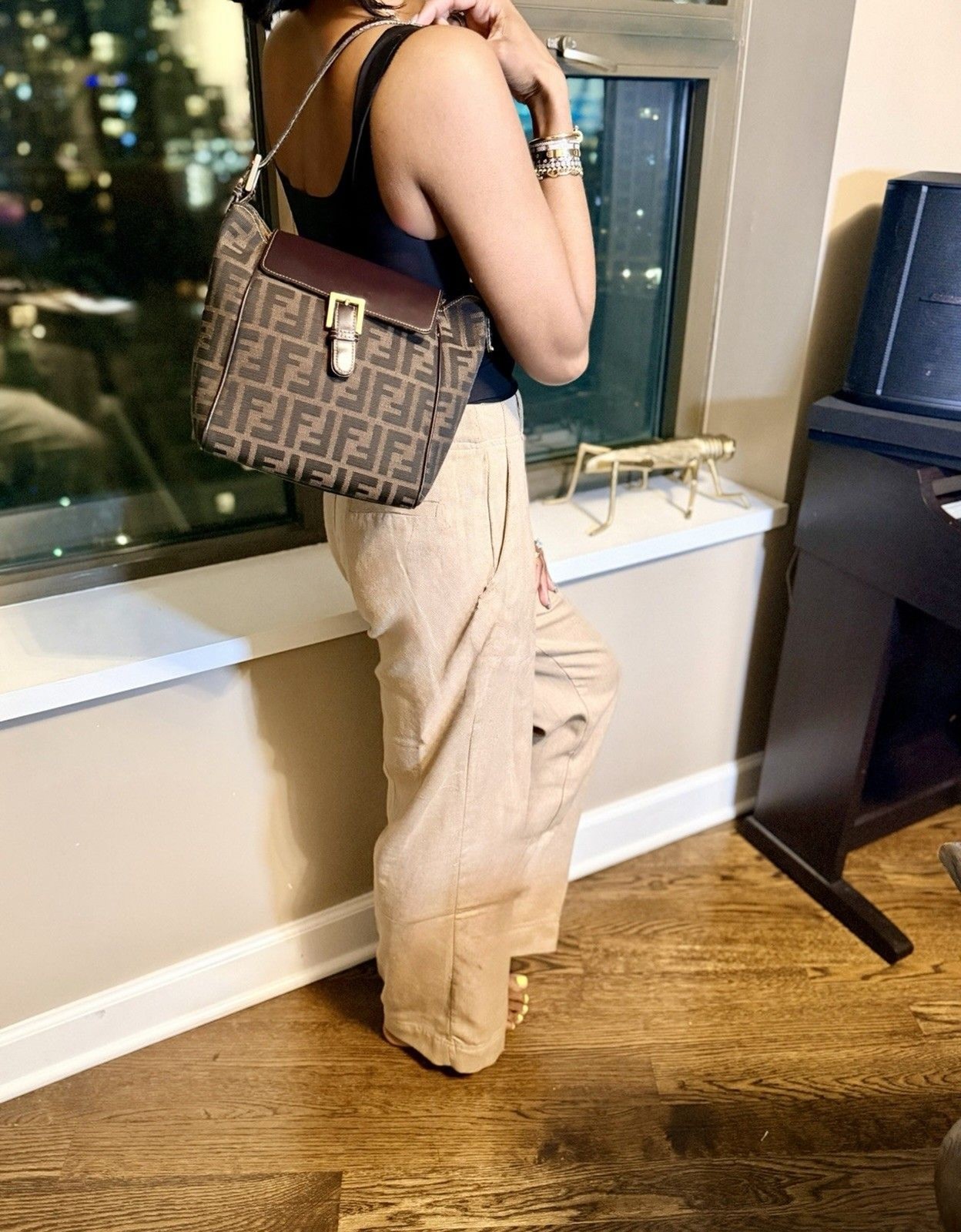 ✨ Authentic Fendi Zucca Shoulder Top Handle Crossbody Bag Canvas & Leather FF