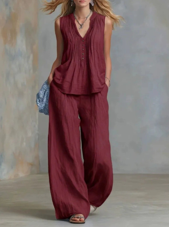 Womens 2 Piece Lounge Set V Neck Sleeveless Top Wide Leg Pants Casual Outfits