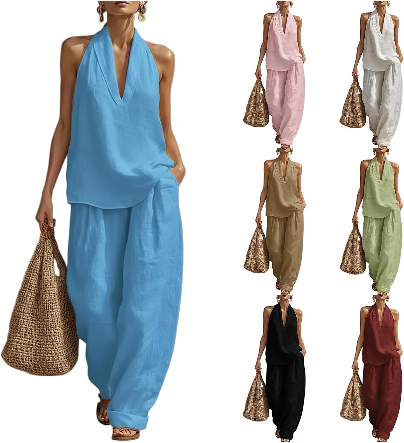 Women’s Linen 2 Piece Set V Neck Halter Top Baggy Wide Leg Pants Summer Outfit