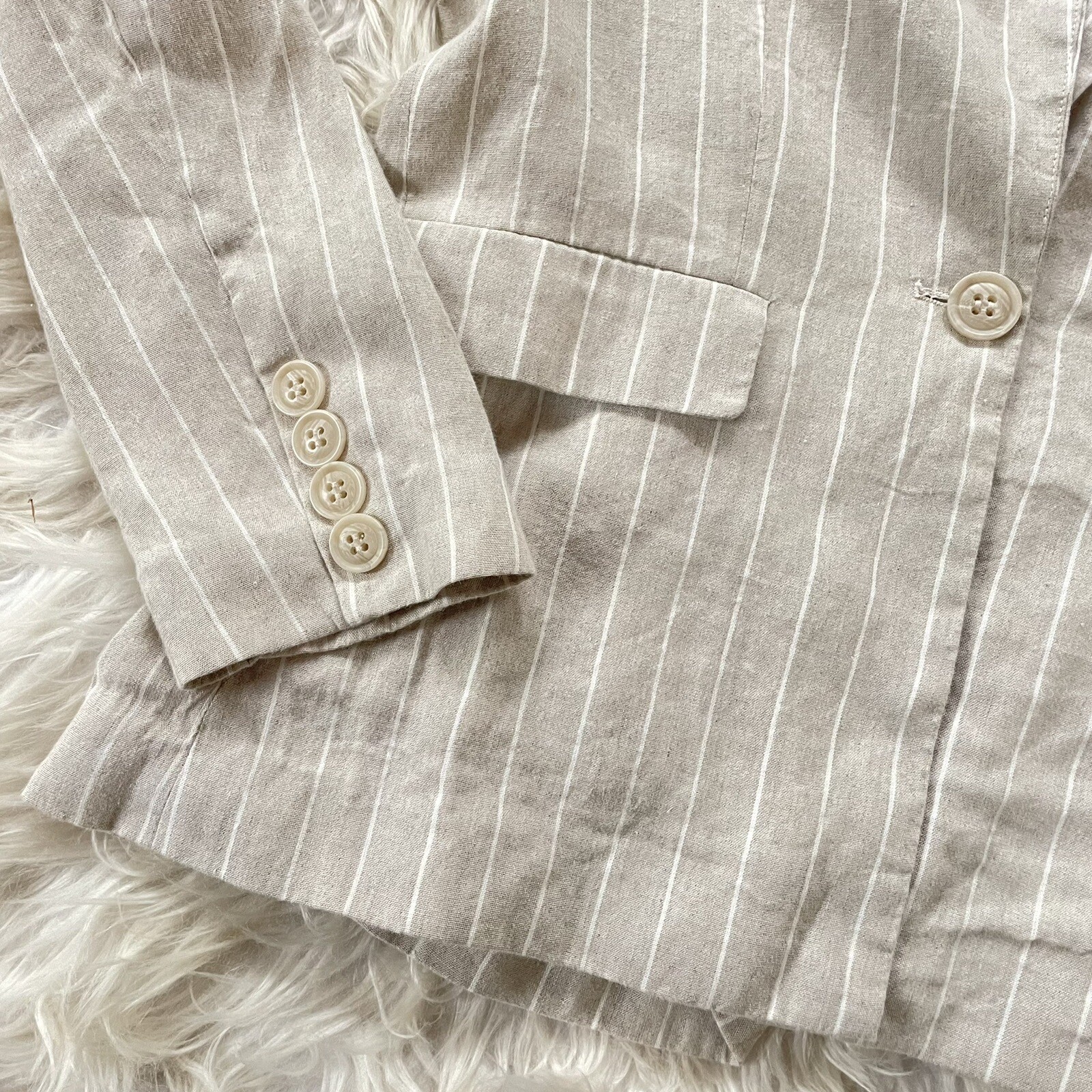 Evereve Clarkson Blazer Womens Large Linen Tan Pinstripe Office Academia Preppy