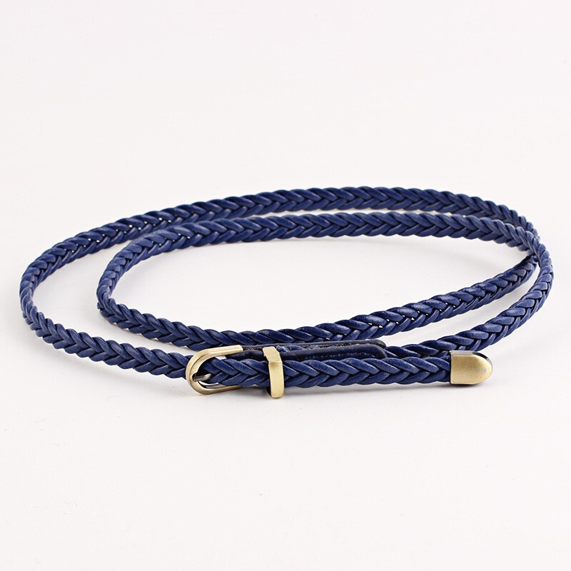 Handwoven PU Leather Belt, 0.8cm Slim Waist Chain Alloy Buckle for Women