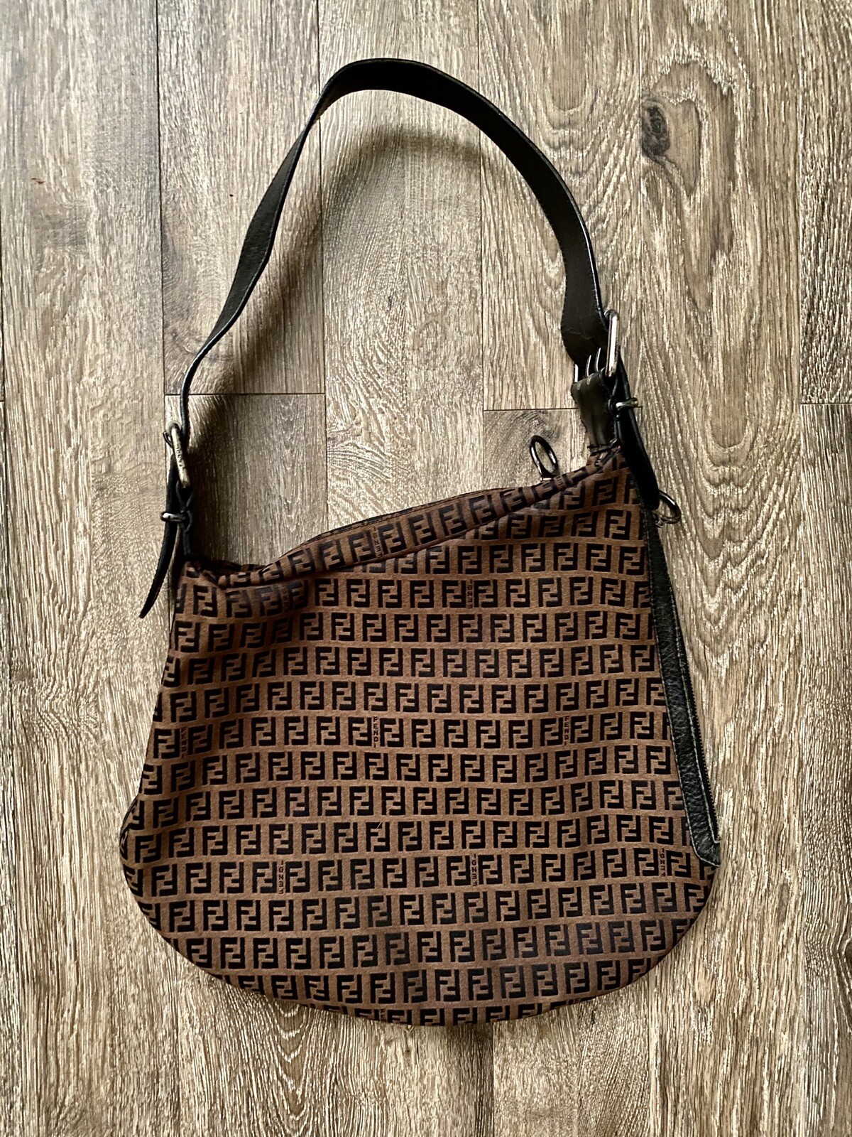 Authentic Fendi Vintage Black Large Oyster Zucca Shoulder Bag Top And Side Zip
