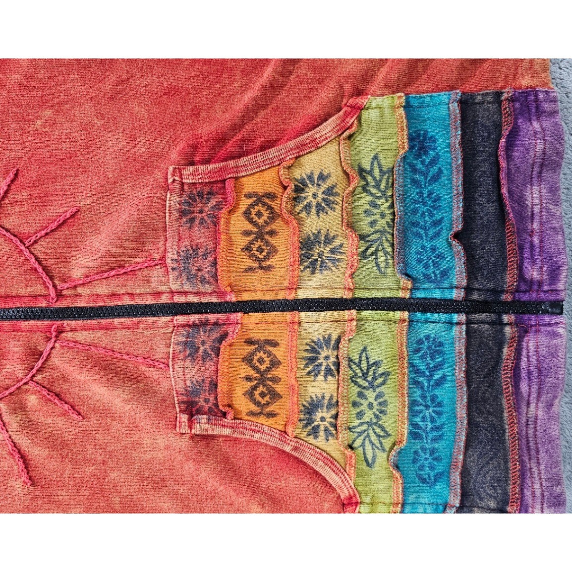 GreaterGood Boho Patchwork Zip Up Hoodie Sun Embroidery Nepal Jacket L/XL