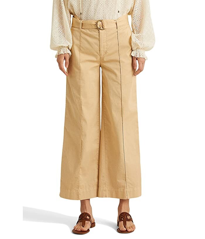Lauren Ralph Lauren Micro-Sanded Twill Belted Wide Leg Pants Womens 14P Tan $125