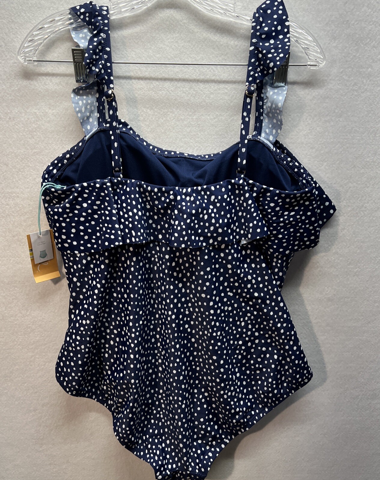 Women’s Kona Sol Ruffled One-piece Swimsuit Blue Polka Dot L Retail $40