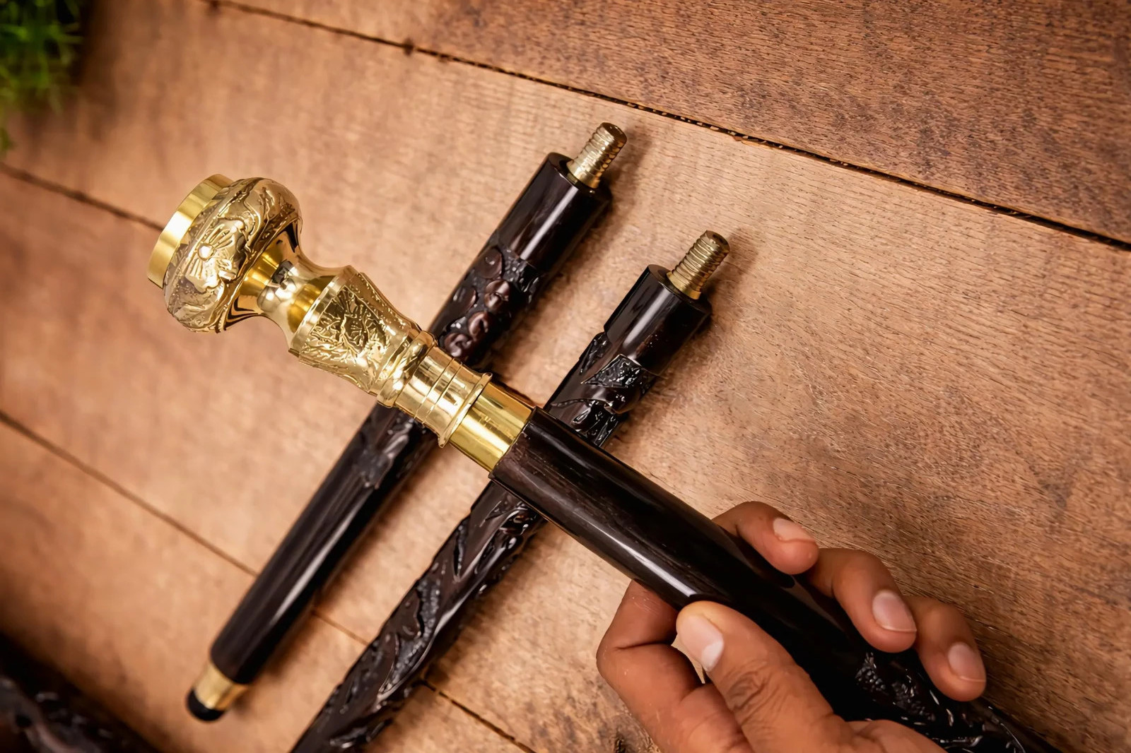 Hand Carved Floral Design Wooden Cane Vintage Brass Compass Handle Walking Stick