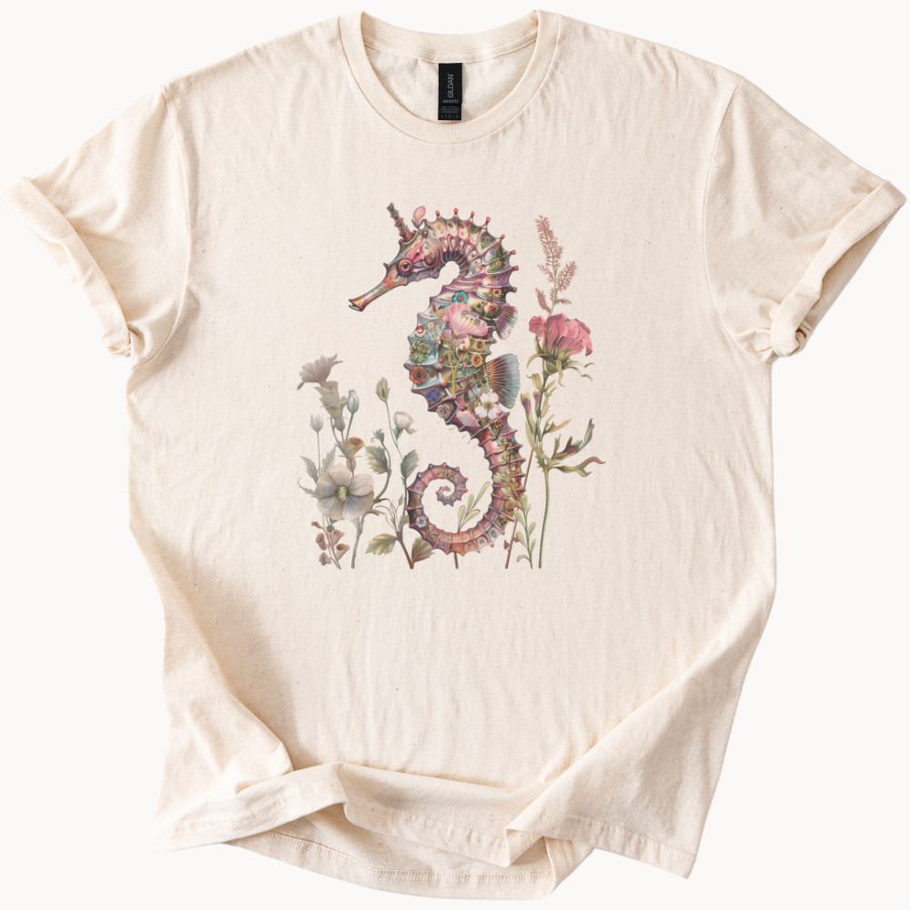 Seahorse Tee, Floral Seahorse Graphic T-Shirt, Nature Inspired Beach Lover