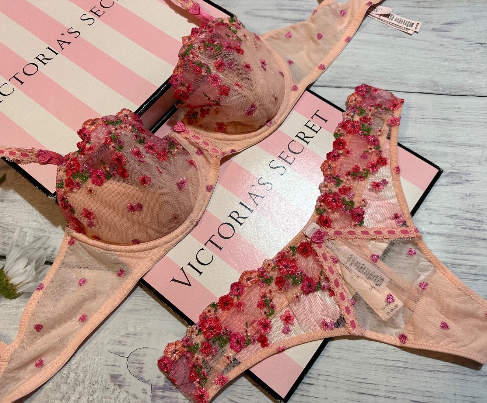 Victoria’s Secret Wicked Hearts & Roses Embroidery Unlined Balconette Bra 3 pcs