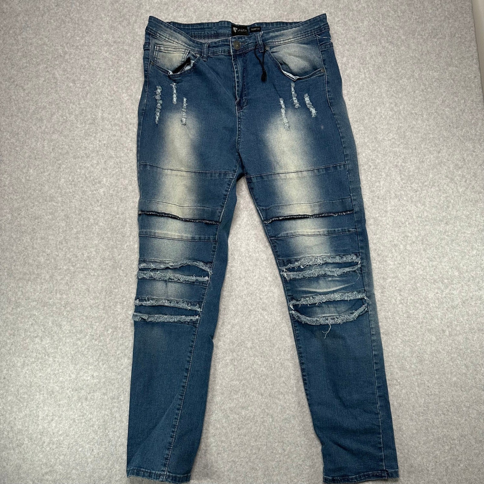 WAIMEA Mens Skinny Fit Distressed Ripped Blue Denim Jeans Moto Size 38×32 NEW