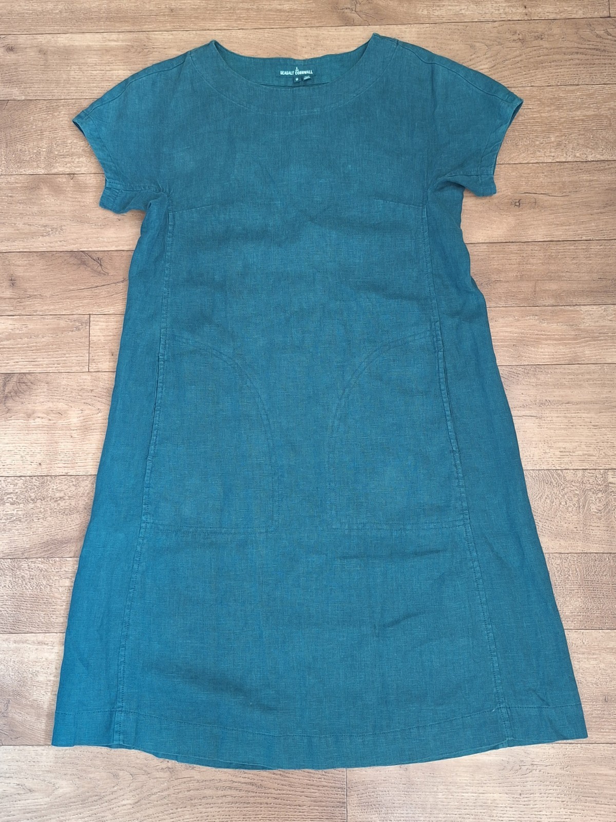 Seasalt Boxy Loose Fit Linen Teal Blue Green Shift Primary Dress UK 8 EU 36 US 4