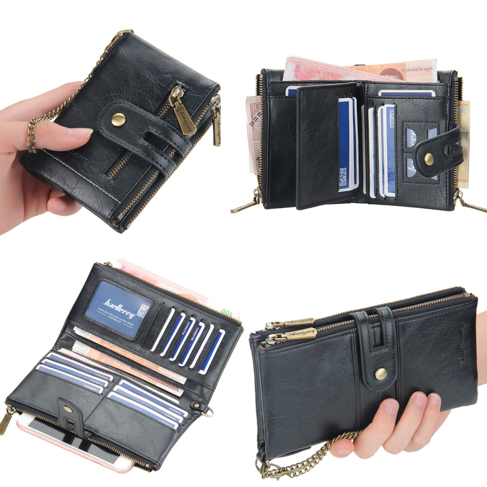 Mens Wallet Leather RFID Bifold with Chain and Zipper Coin Pocket Biker Trucker