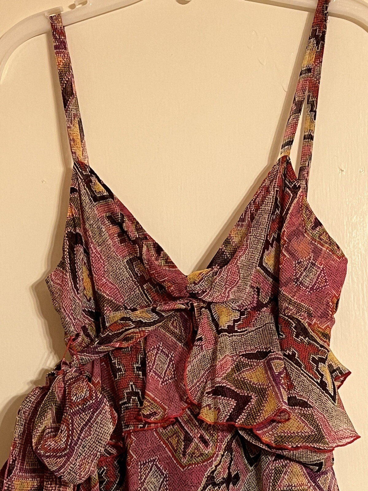 Diane Von Furstenburg 100% Silk Ruffle Tie Shirt Blouse Y2K Mosaic Art Womens 4
