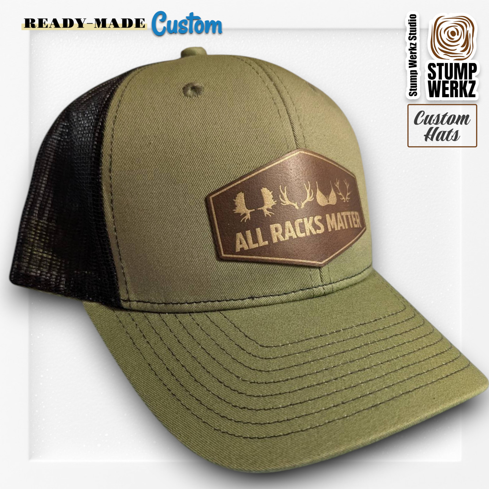 Custom Hat Trucker Baseball Cap Snapback Leather Patch Hunting ALL RACKS MATTER