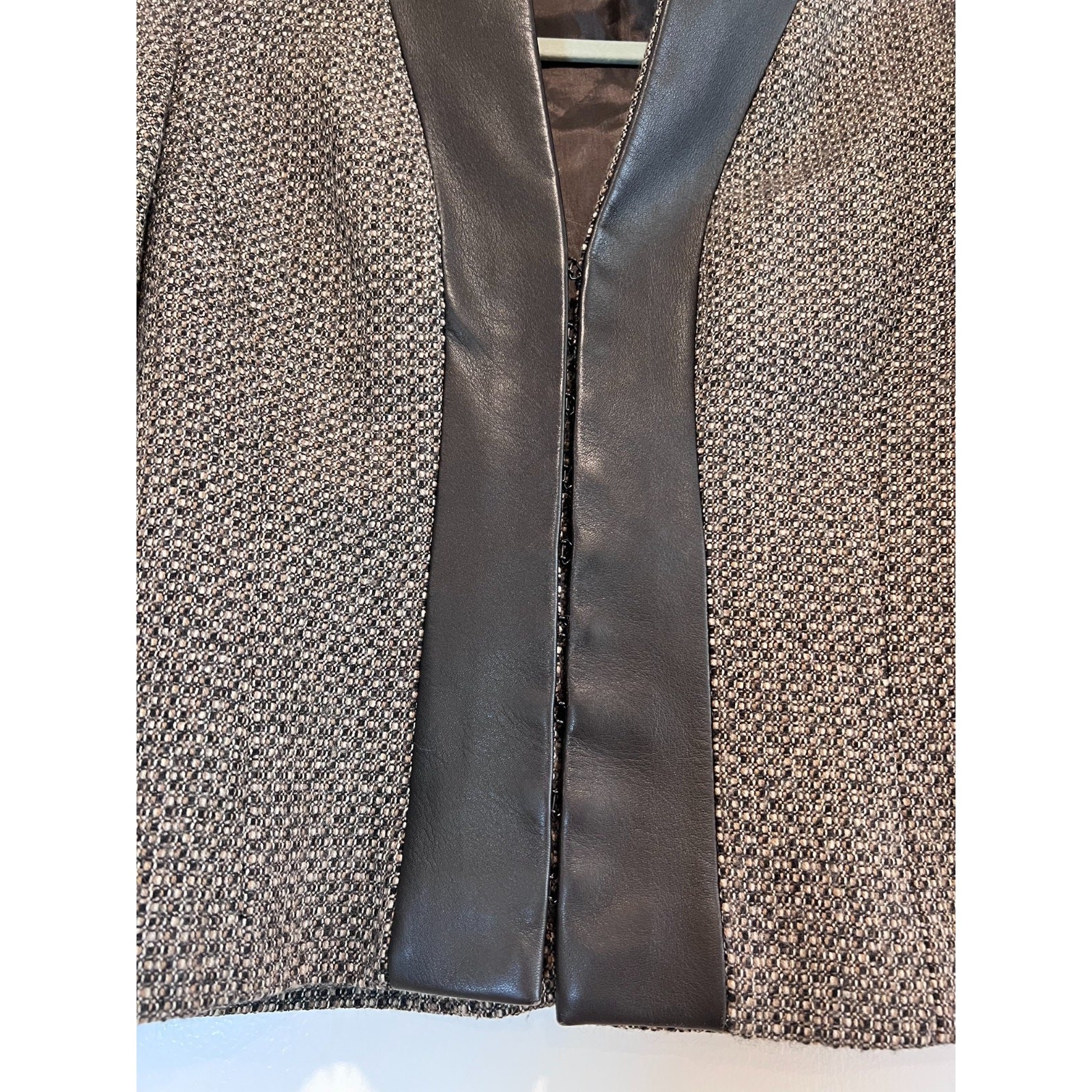 PENTA 100% Wool Tweed Jacket Women’s 6 Genuine Leather Trim Open Front Blazer