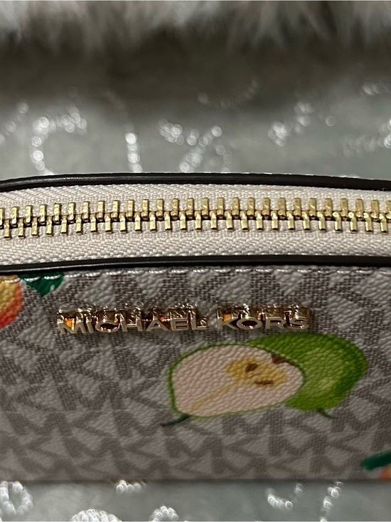 NWT Michael Kors Small, Beige Logo Cosmetic Pouch-Pink/Green/Yellow Fruit Print