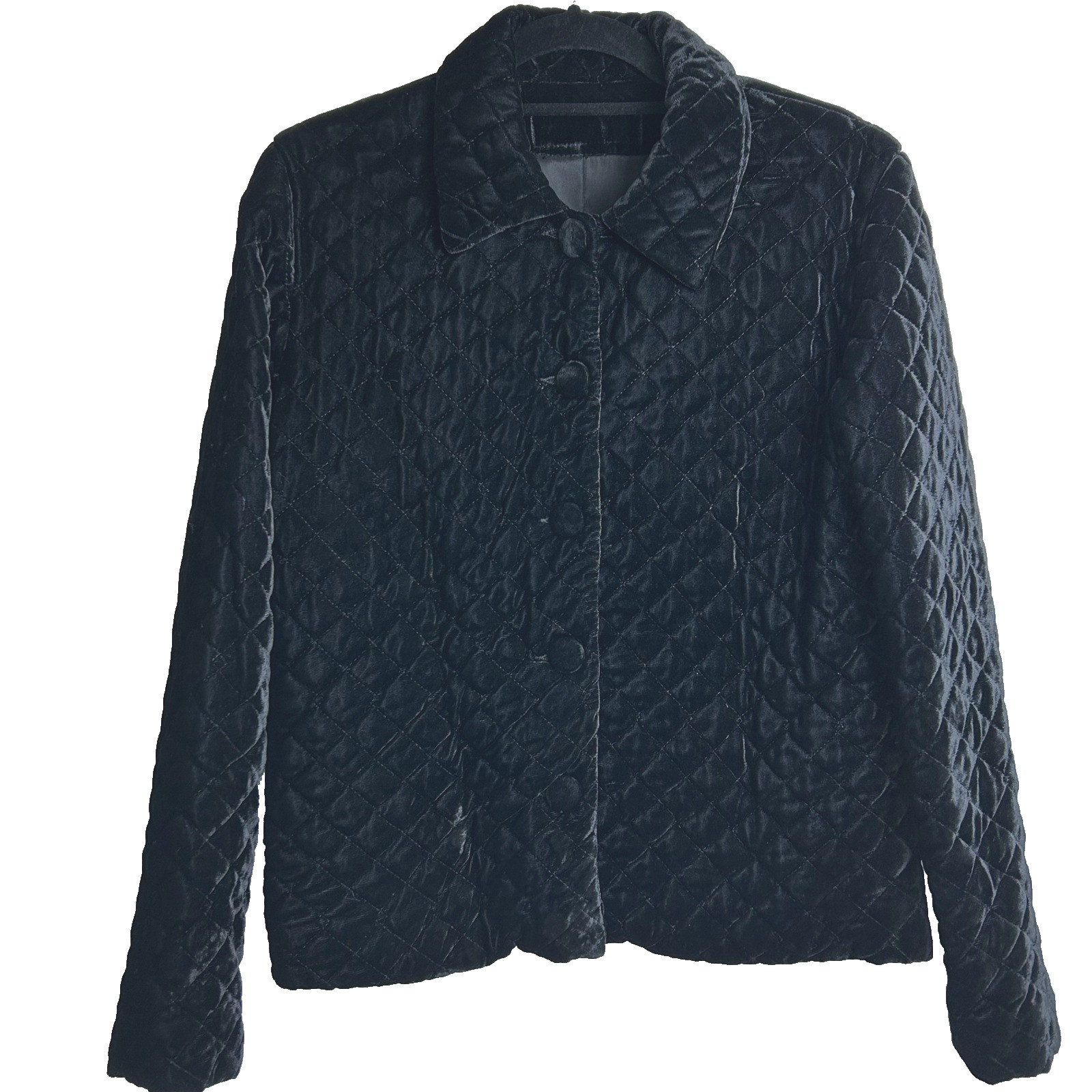 Black Velvet Quilted Blazer Jacket Button Front Collar Womens Dressy Sz Medium