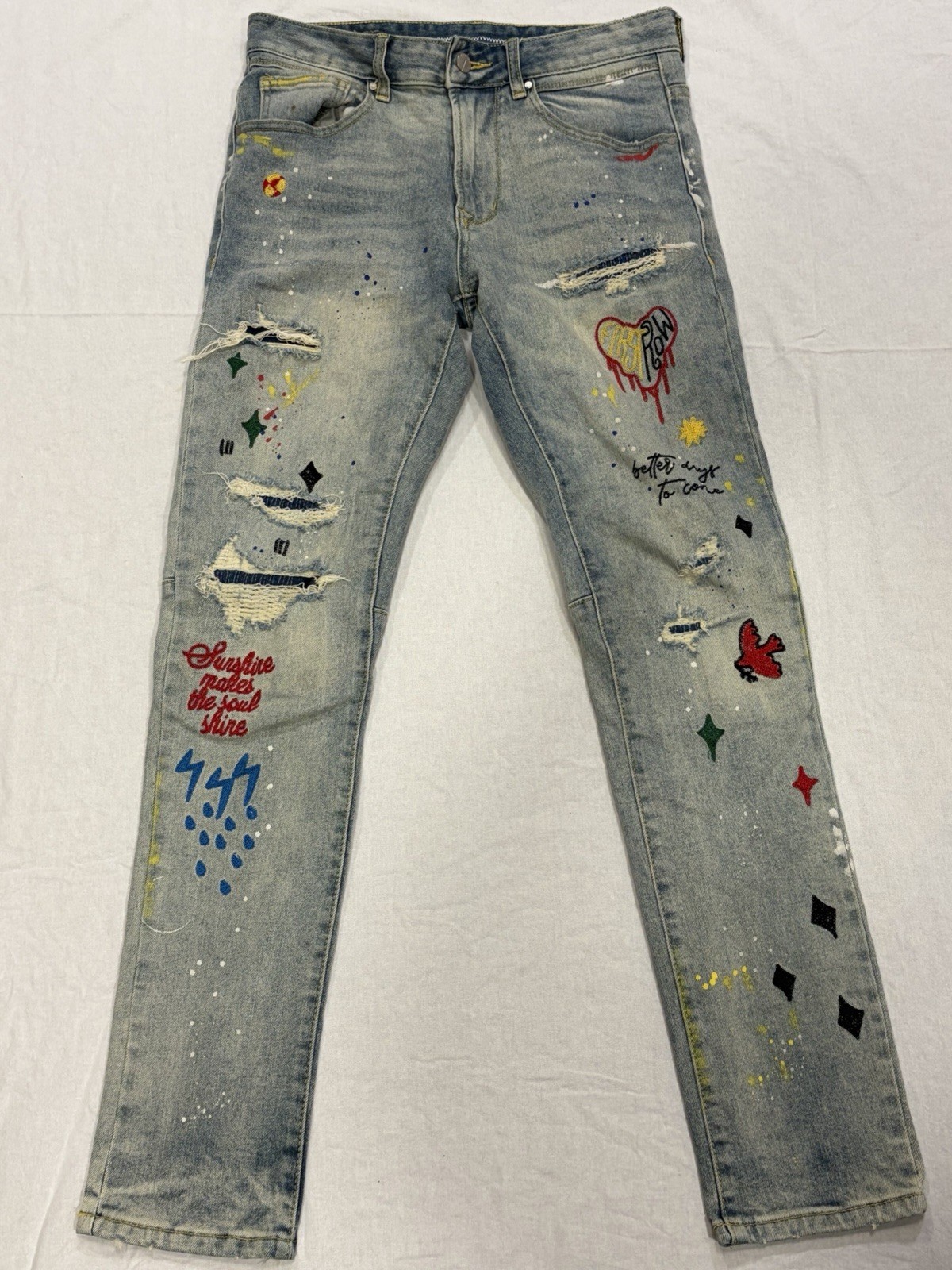 First Row Slim Straight Stretch Denim Jeans 30×32 Light Stone Tint Embroidered