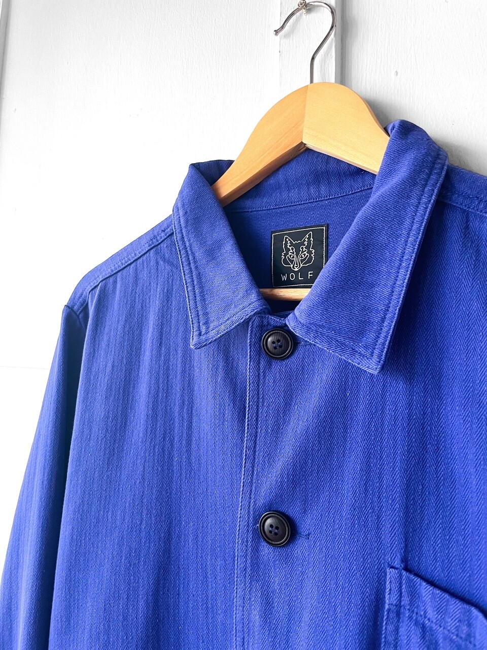 Herringbone French Chore Jacket 60s Style Bugatti Blue Washed Cotton Twill