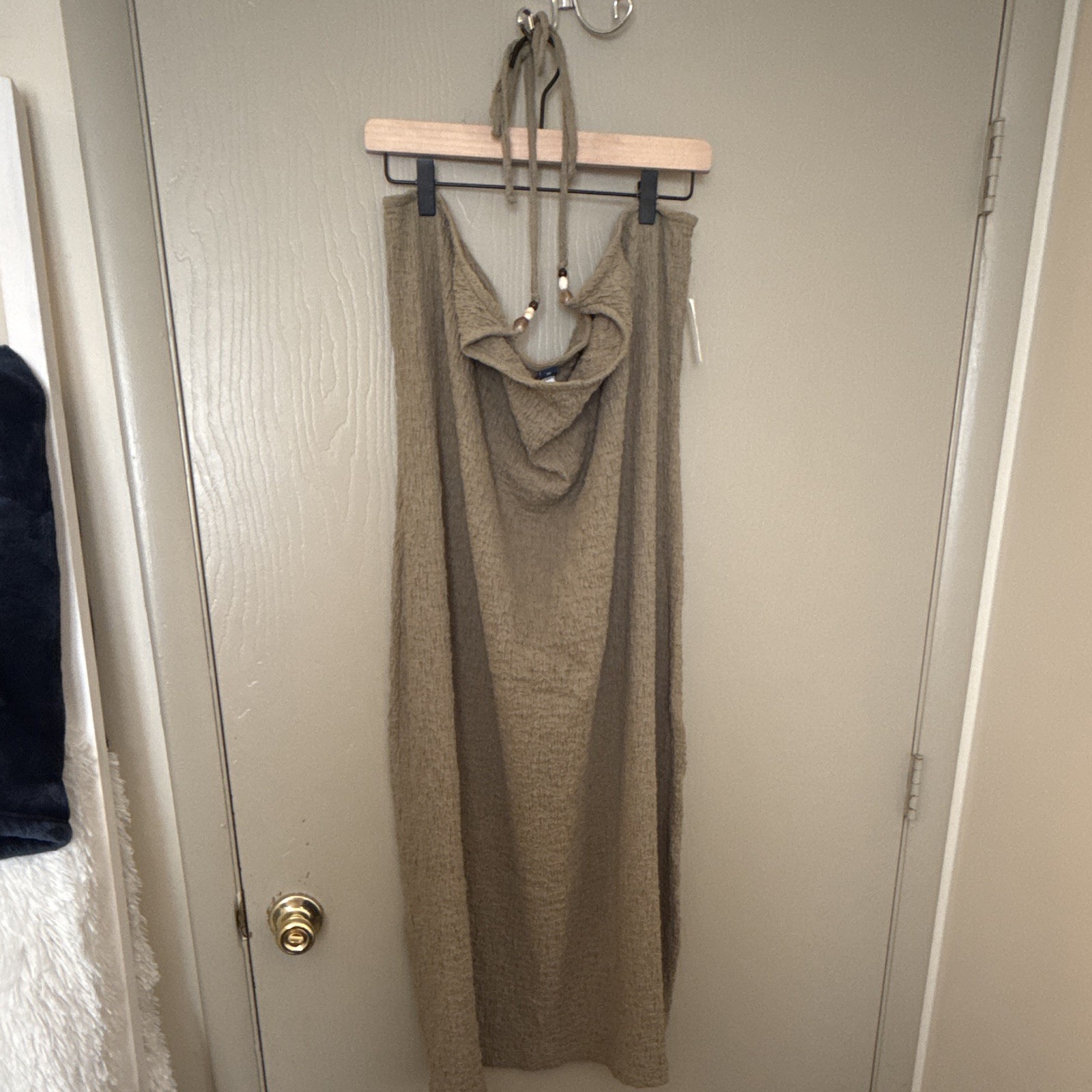 Old Navy Tan Cotton Knit Maxi Dress Cowl Neck Halter Beaded Tie Stretch 3X