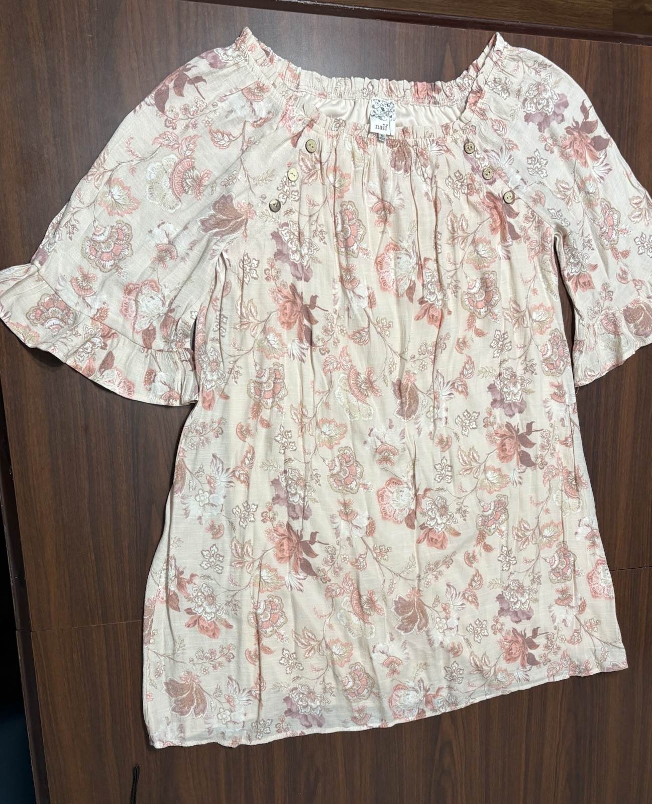 Naif Beige Pink Floral Off-Shoulder 3/4 Bell Sleeve Ruffle Blouse Womens XL