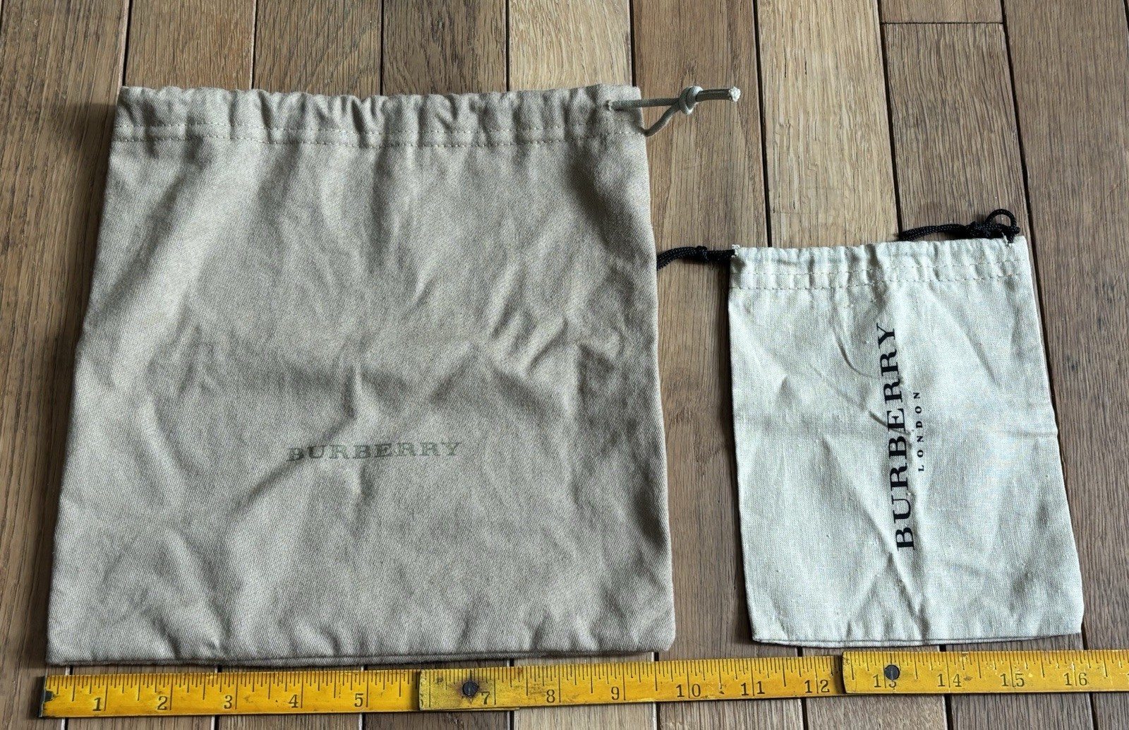 (2) BURBERRY Tan/Beige Drawstring Dust Cover Bags – 10”x10” & 6.75”x5.25”