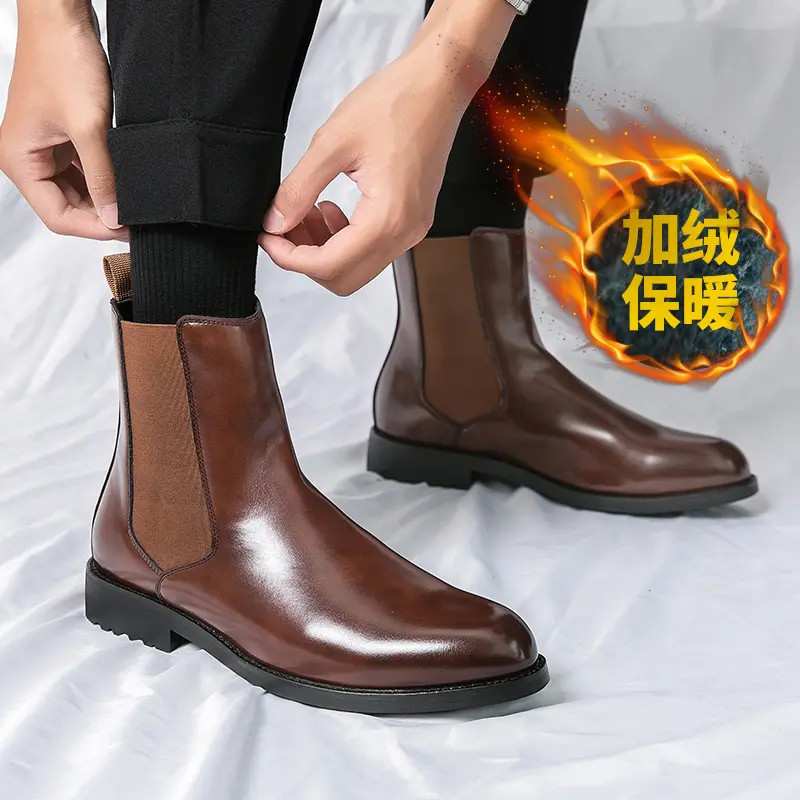 Mens Winter Warm Causal Ankle Boots Leather Formal Dress Shoes Pull On Low Heels
